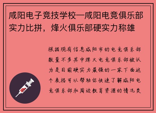 咸阳电子竞技学校—咸阳电竞俱乐部实力比拼，烽火俱乐部硬实力称雄